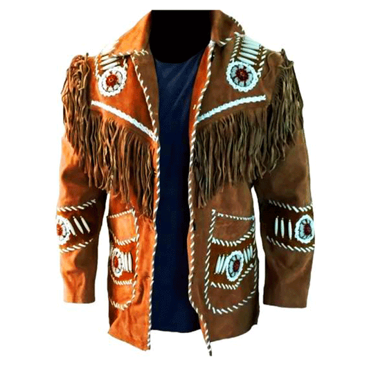 Western Brown Suede Leather Fringe Beaded Jacket Cowboy Jacket LWJ1930