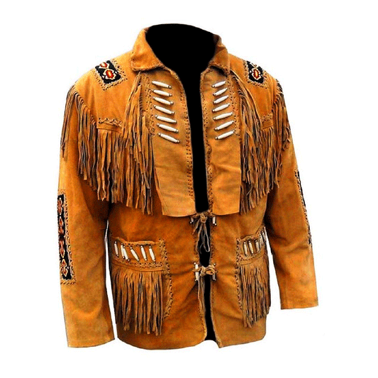 Western Brown Suede Leather Fringe Beaded Jacket Cowboy Jacket LWJ1940