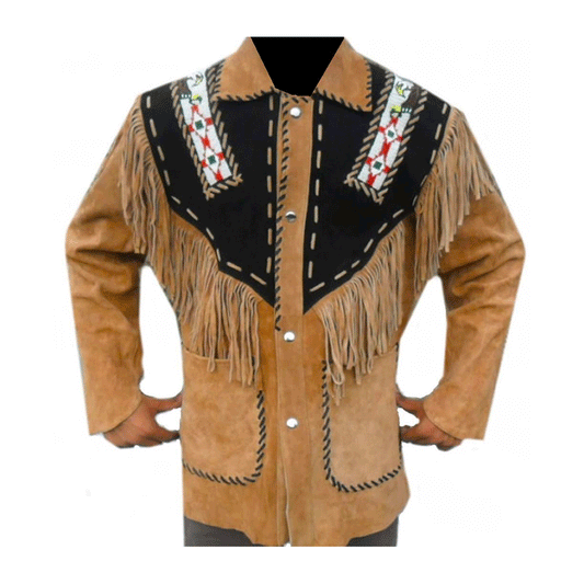 Western Brown Suede Leather Fringe Beaded Jacket Cowboy Jacket LWJ1890