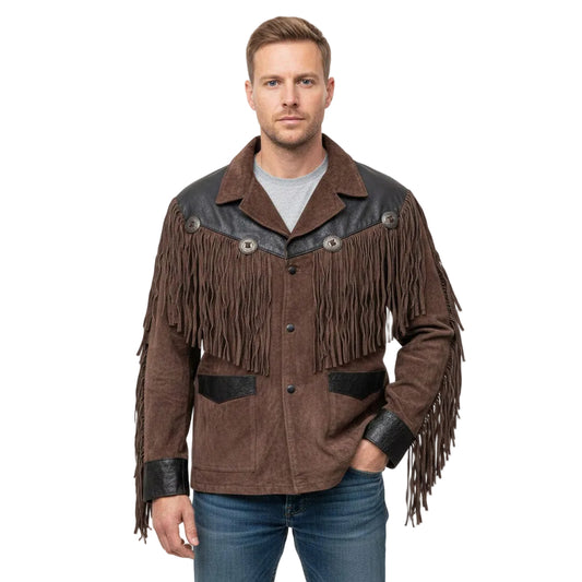 Man wearing a brown suede jacket with fringes on a white background