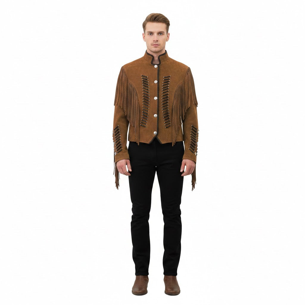 Man wearing a brown fringed jacket on a white background