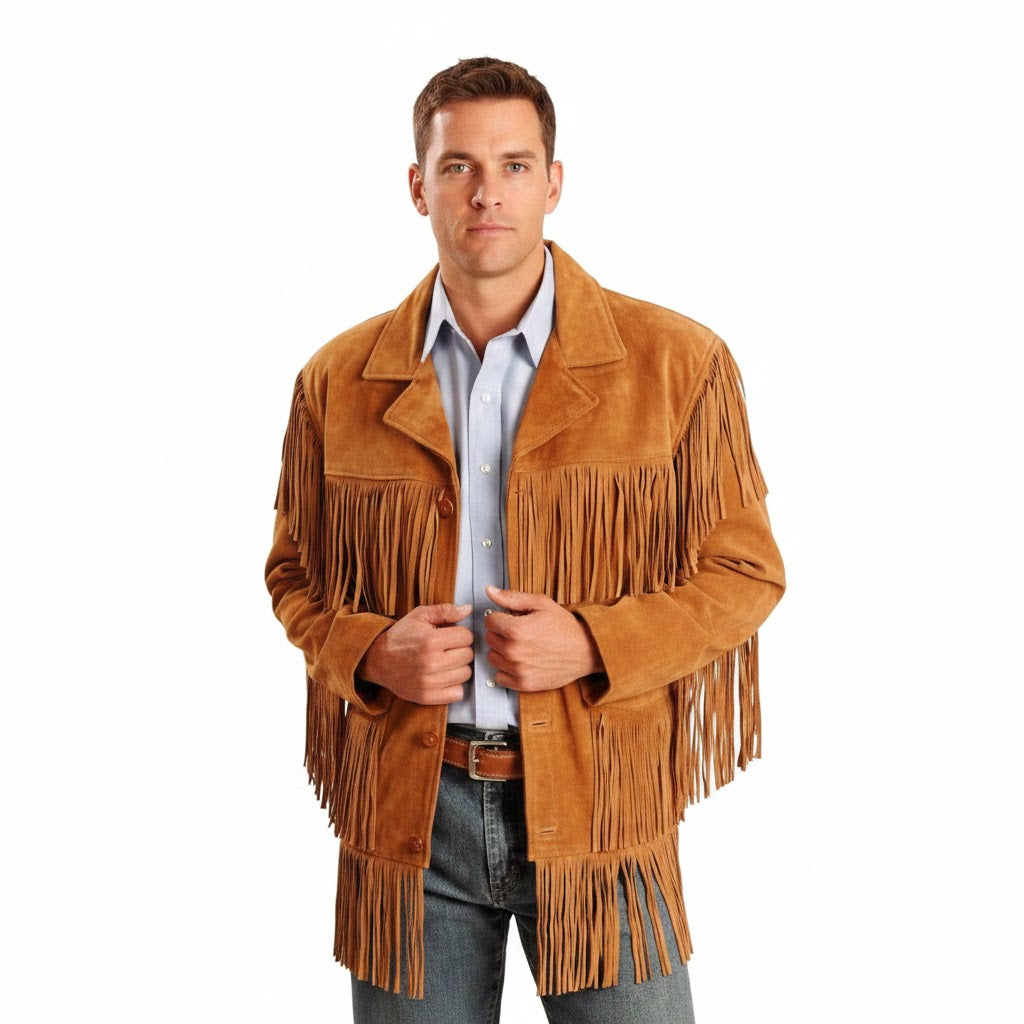 Man wearing a brown fringed jacket on a white background