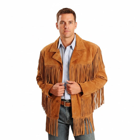 Man wearing a brown fringed jacket on a white background