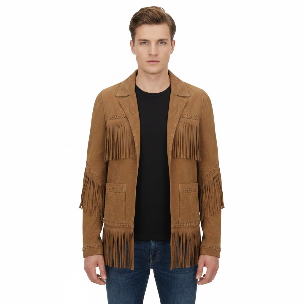 Man wearing a brown suede jacket with fringe details on a white background