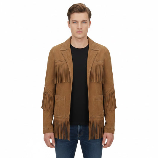 Man wearing a brown suede jacket with fringe details on a white background