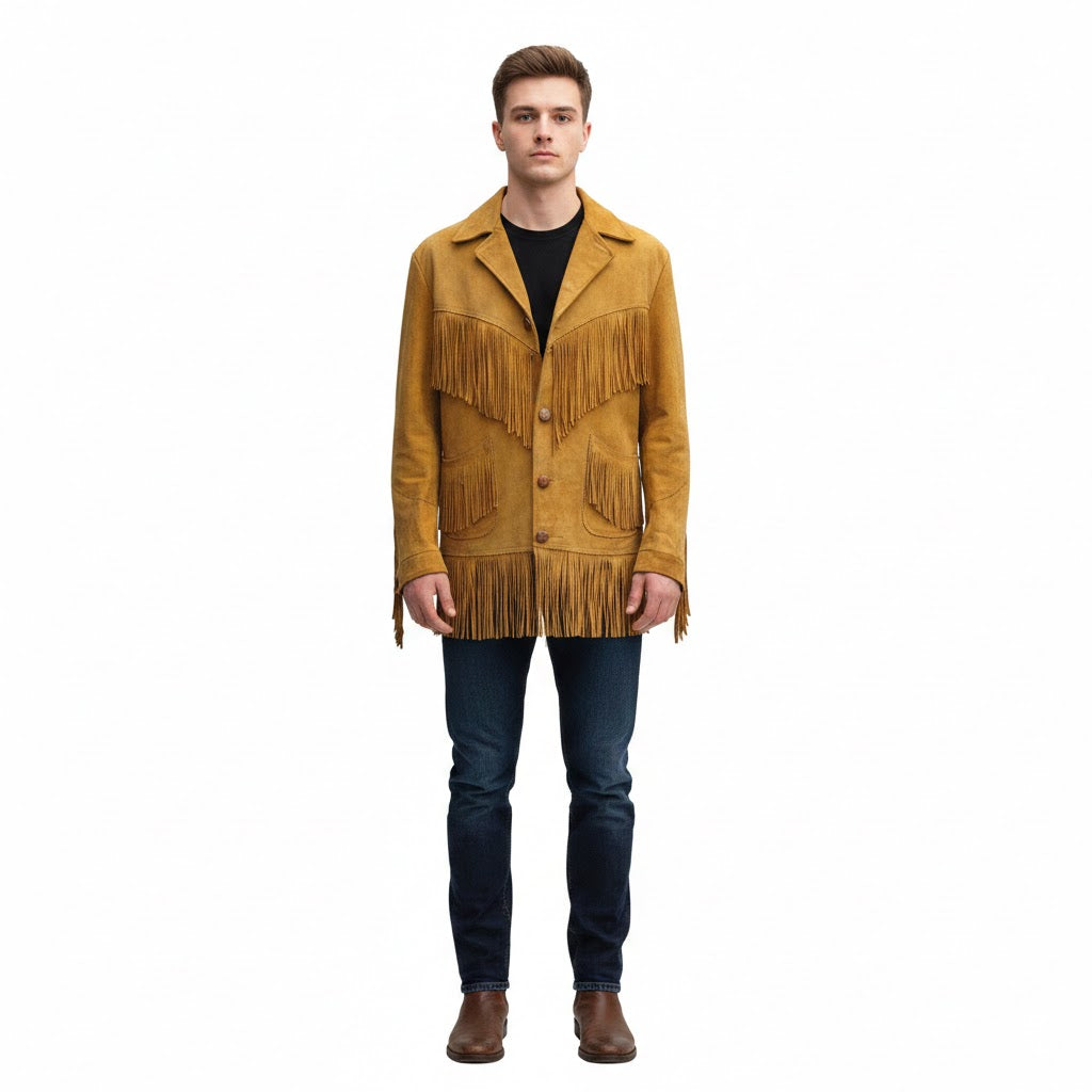 Man wearing a mustard yellow fringed jacket on a white background