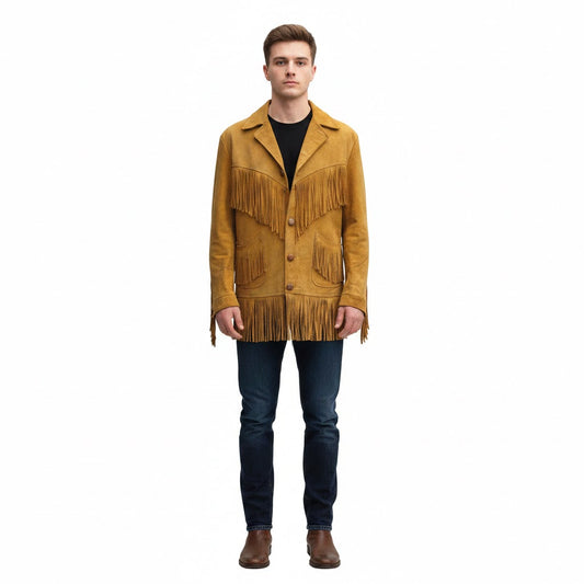 Man wearing a mustard yellow fringed jacket on a white background