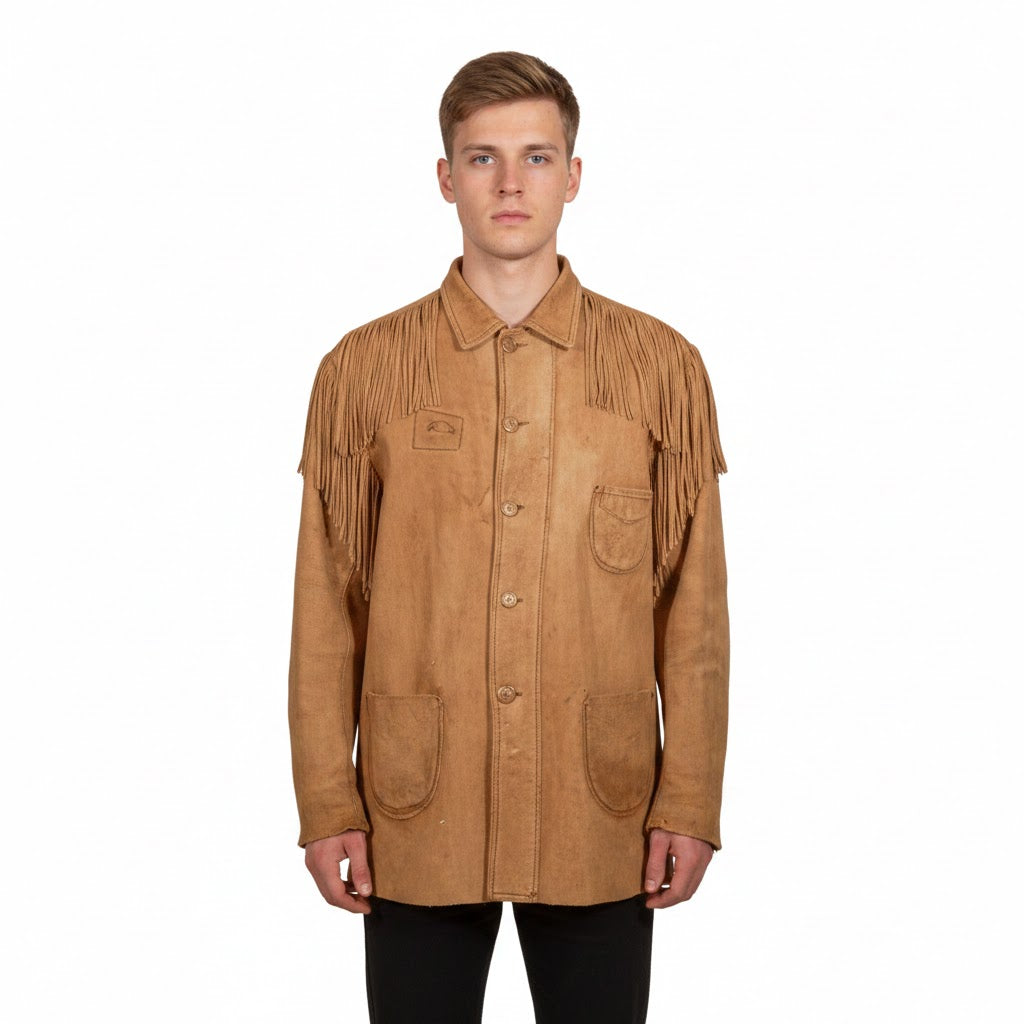 Man wearing a brown fringed jacket on a white background