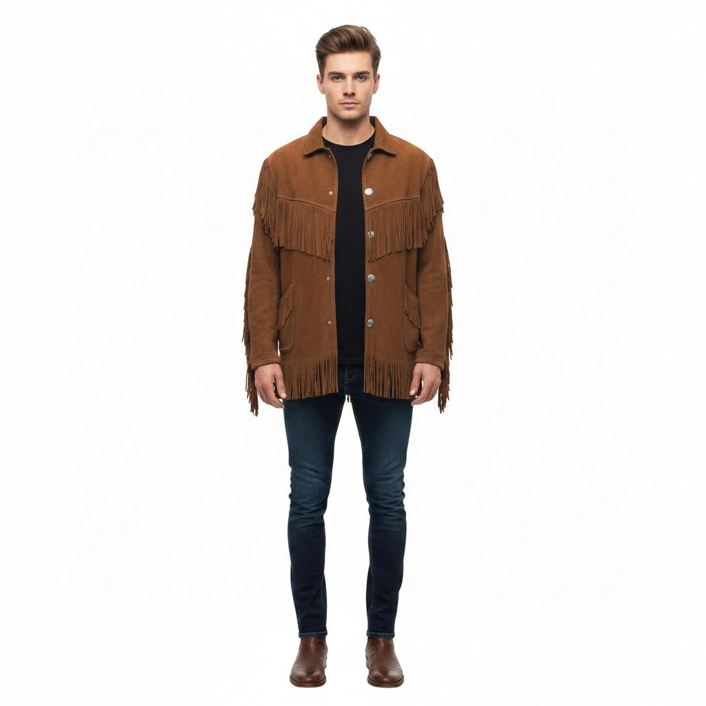Man wearing a brown fringed jacket on a white background