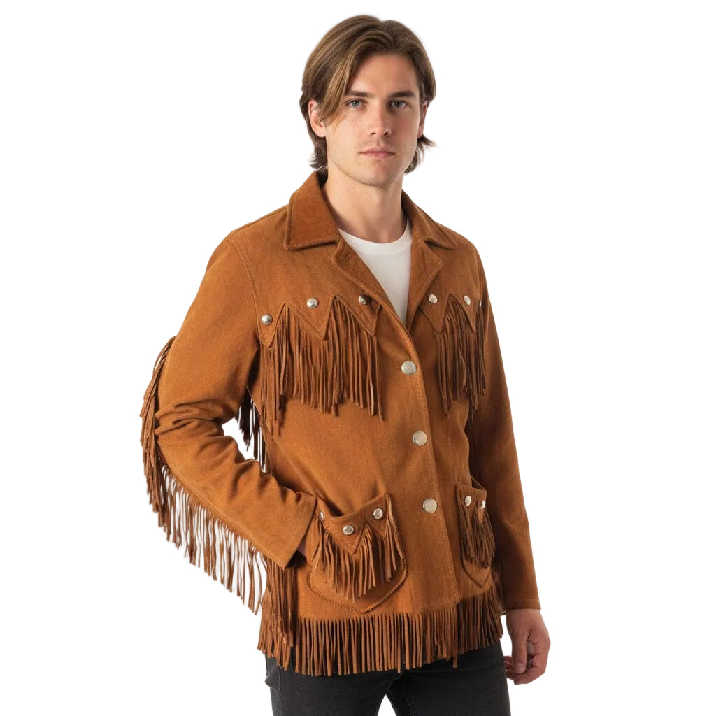 Man wearing a brown suede jacket with fringes on a white background