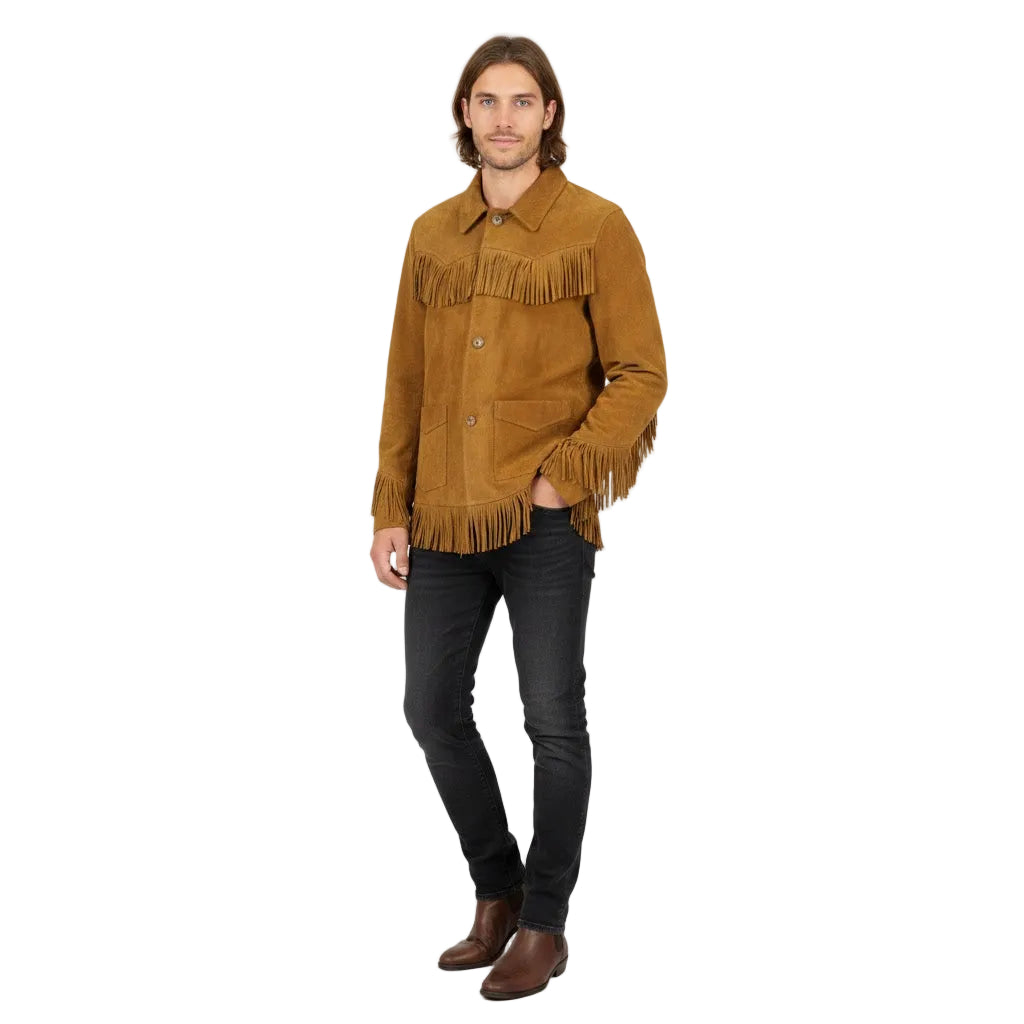 Man wearing a brown suede jacket with fringe details on a white background