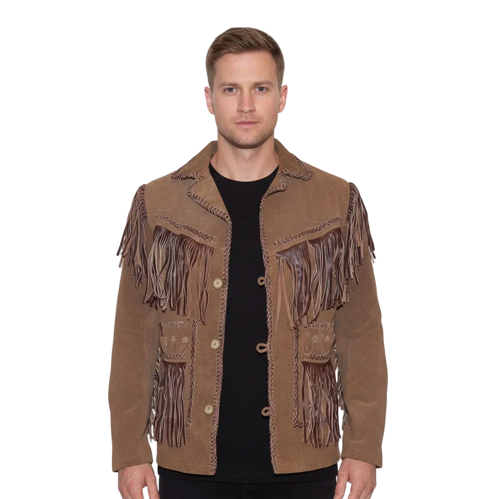 Man wearing a brown suede jacket with fringes on a white background