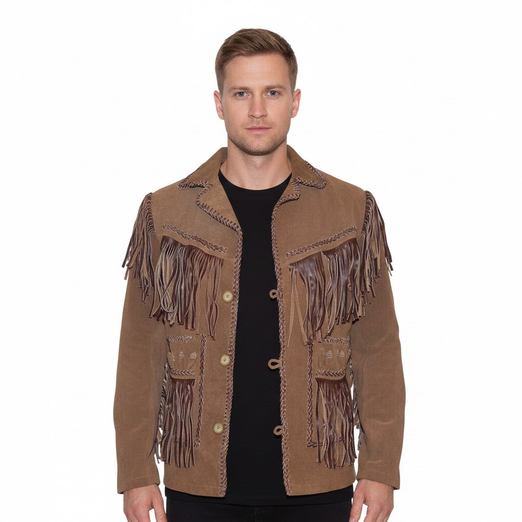 Man wearing a brown suede jacket with fringes on a white background