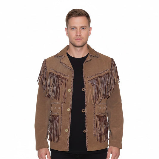 Man wearing a brown suede jacket with fringes on a white background