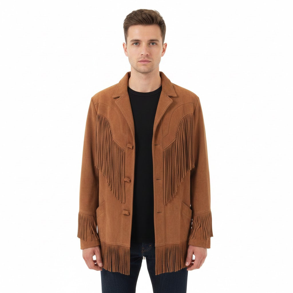 Man wearing a brown fringed jacket on a white background