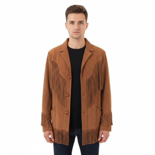 Man wearing a brown fringed jacket on a white background