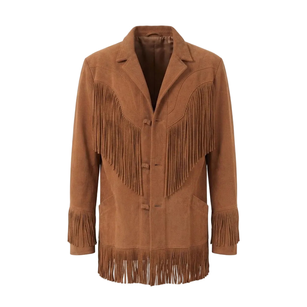 A brown suede fringe jacket with a notched lapel, button front, and long fringe detailing on the chest, cuffs, and hem, shown against a plain white background.
