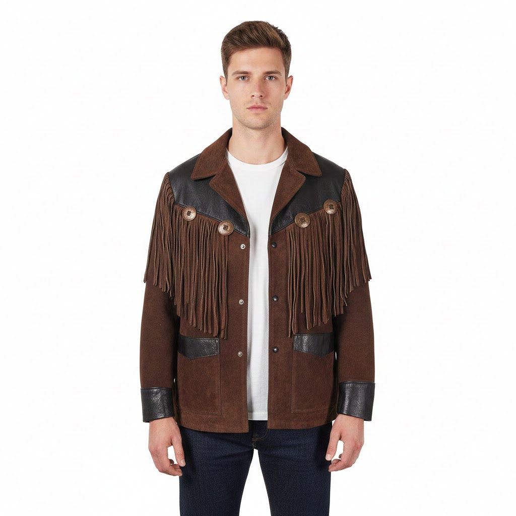 Man wearing a brown fringed jacket on a white background