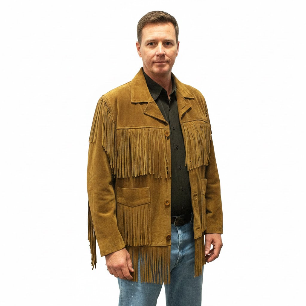 Man wearing a brown suede fringe jacket on a white background