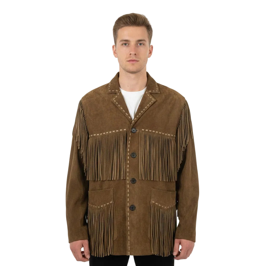 Man wearing a brown suede jacket with fringes on a white background