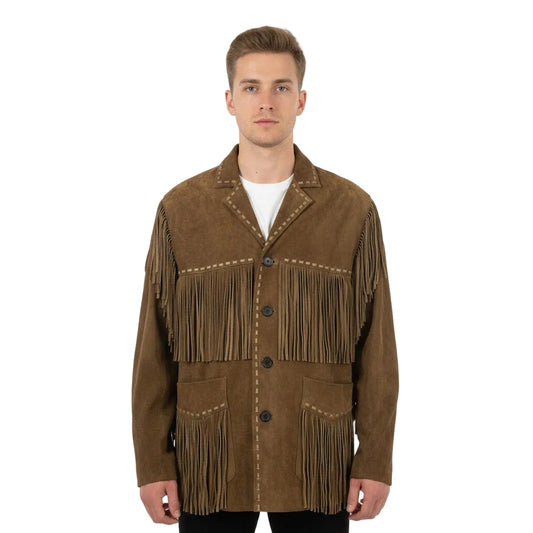 Man wearing a brown suede jacket with fringes on a white background