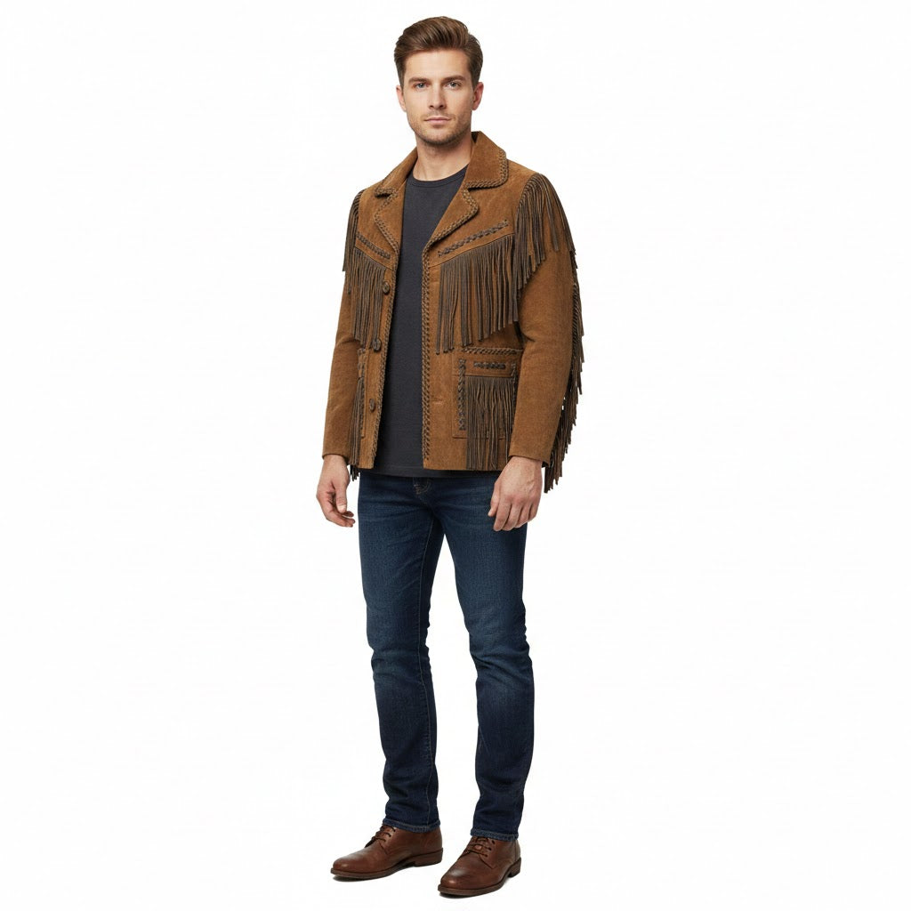 Man wearing a brown fringed jacket on a white background