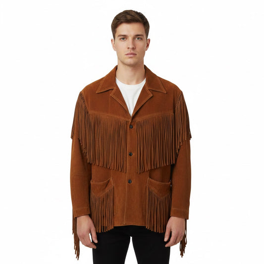 Man wearing a brown suede jacket with fringes on a white background