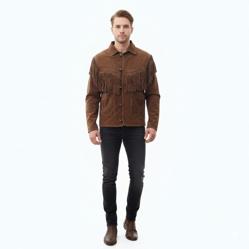 Man wearing a brown fringed jacket on a white background
