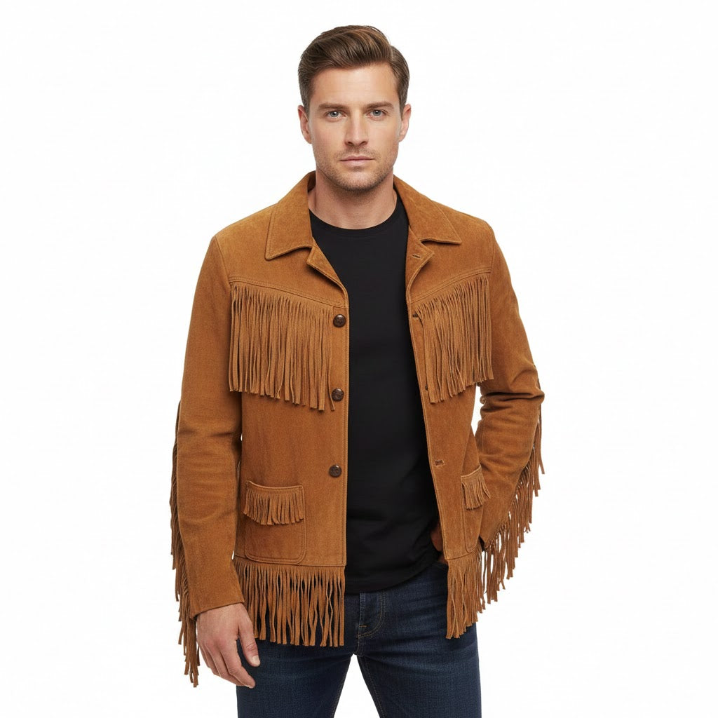 Man wearing a brown suede jacket with fringes on a white background