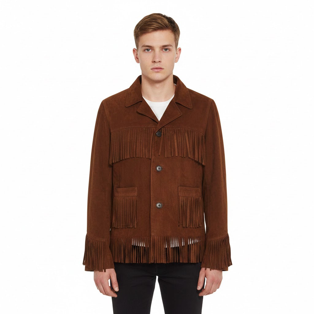 Brown suede leather fringe jacket wear a model on a white background
