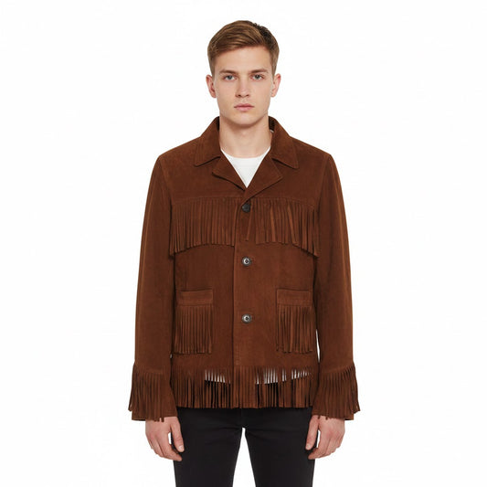Brown suede leather fringe jacket wear a model on a white background