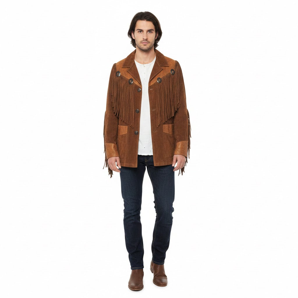 Man wearing a brown fringed jacket on a white background