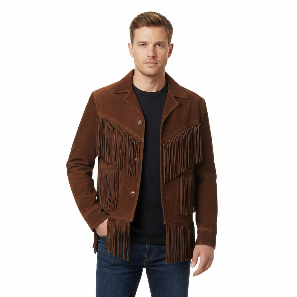 Man wearing a brown suede jacket with fringe details on a white background