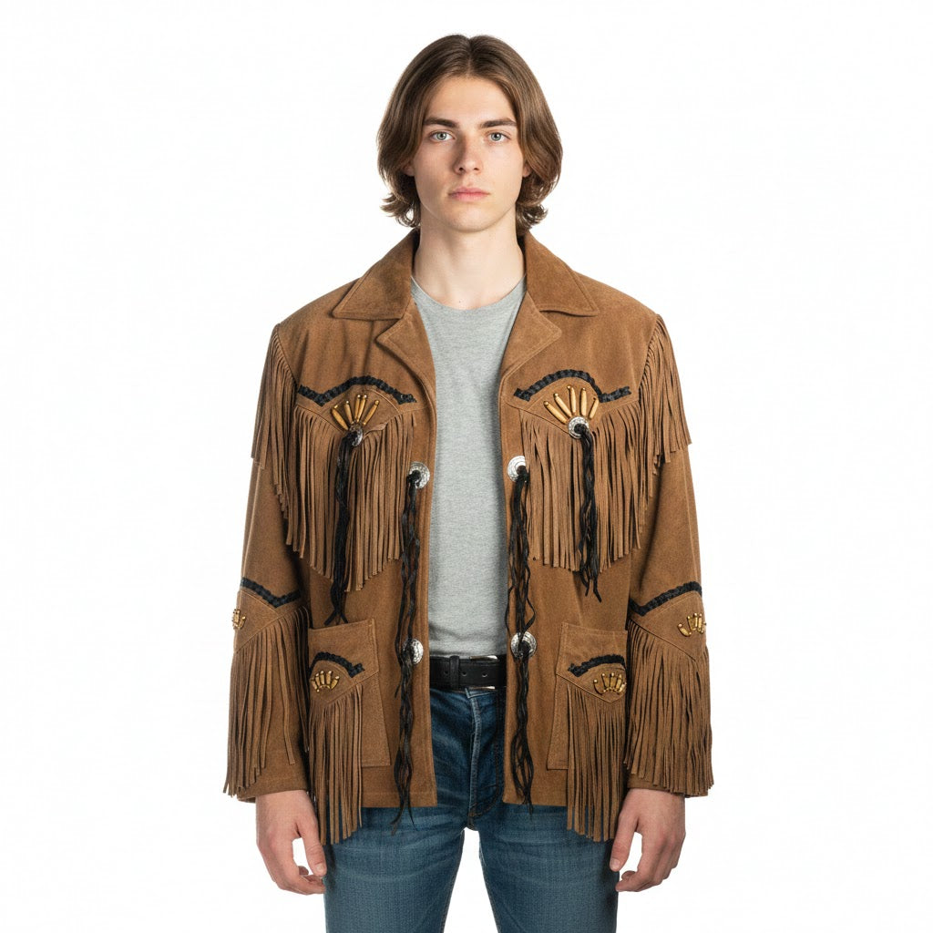 Man wearing a brown fringed jacket on a white background