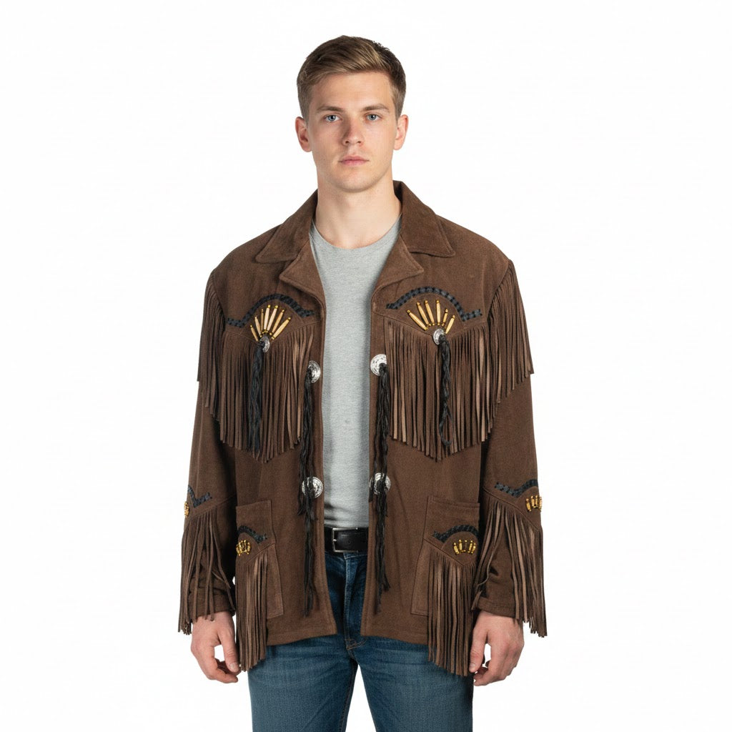 Man wearing a brown fringed jacket on a white background