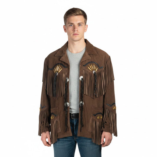 Man wearing a brown fringed jacket on a white background