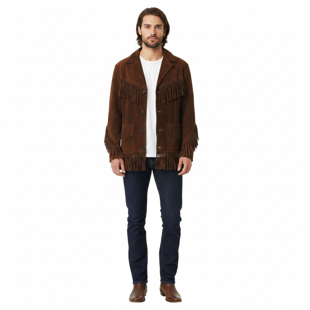 Man wearing a brown fringed jacket on a white background