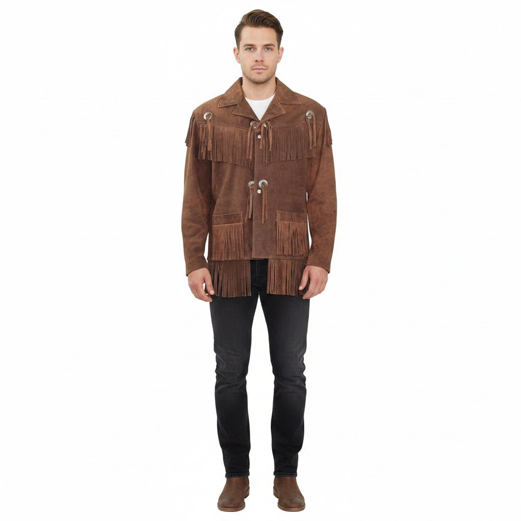 Man wearing a brown suede jacket with fringes on a white background