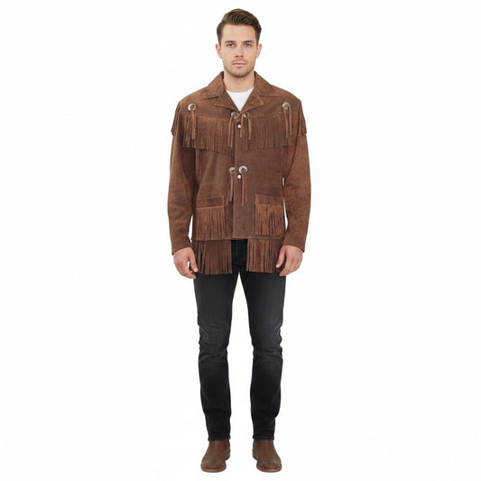 Man wearing a brown suede jacket with fringes on a white background