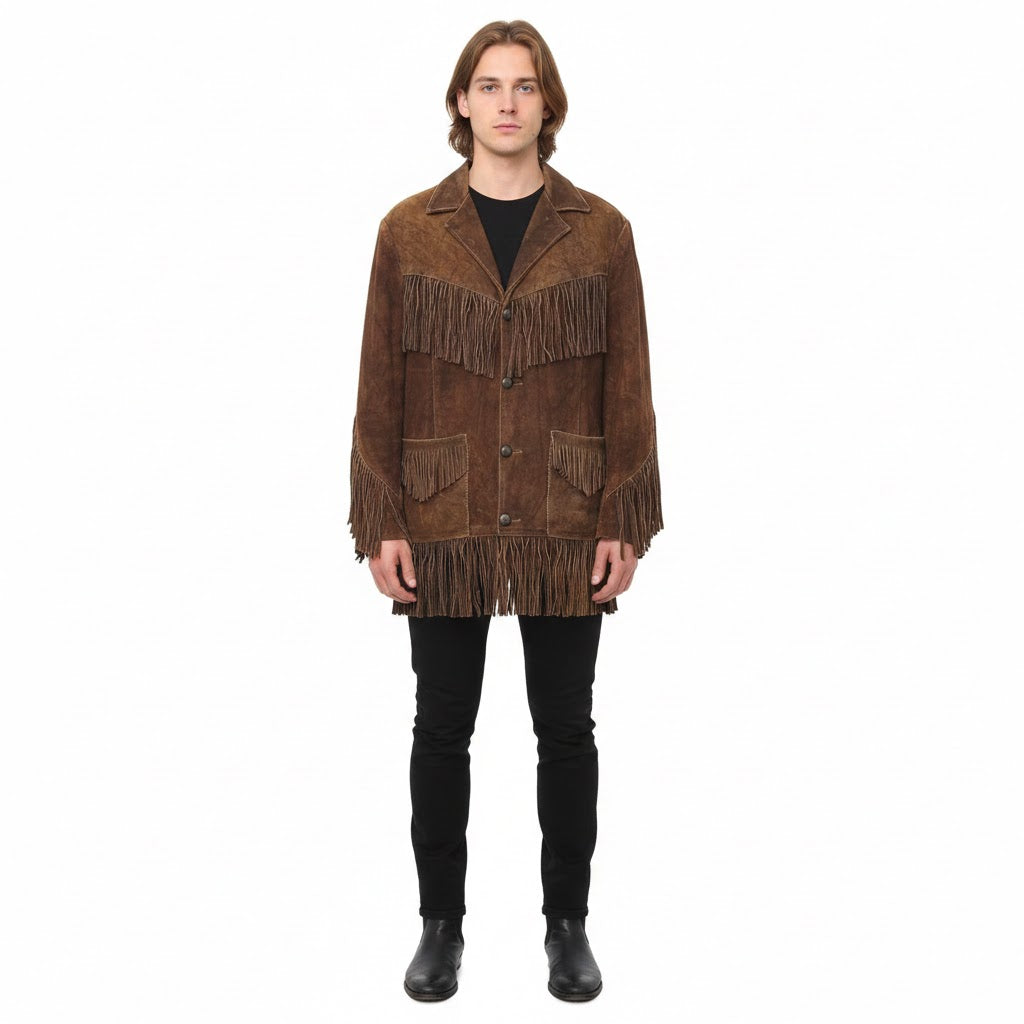 Man wearing a brown fringed jacket on a white background