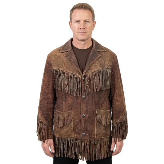 A man wearing a brown suede fringe jacket over a dark brown t-shirt, photographed against a plain white background.