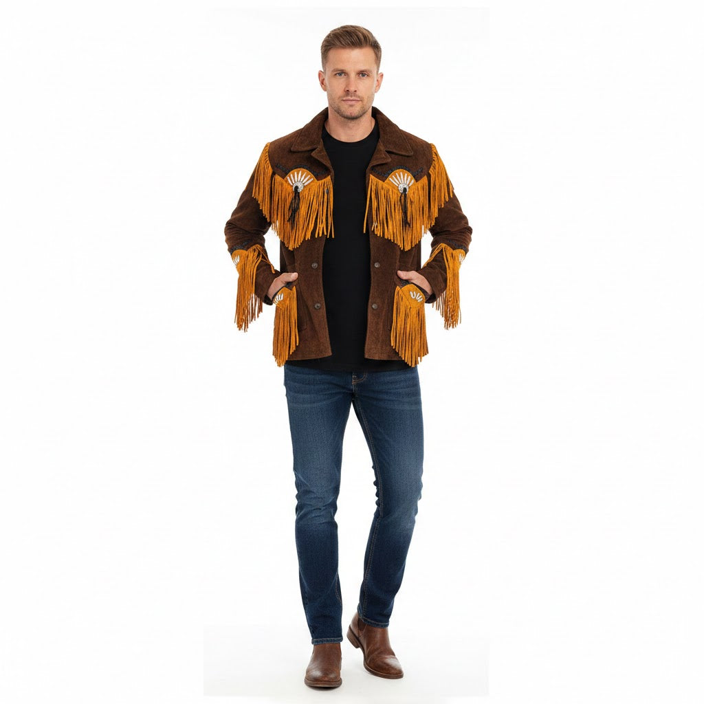 Man wearing a brown suede jacket with orange fringe on a white background