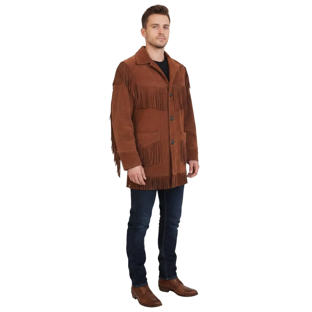 Man wearing a brown fringed jacket on a white background