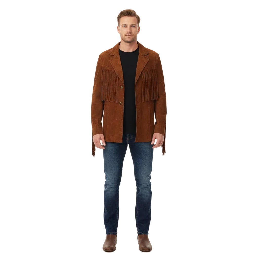 Man wearing a brown fringed jacket on a white background