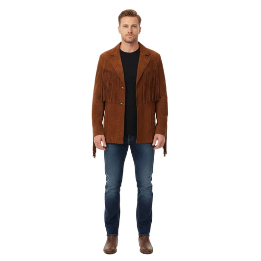 Man wearing a brown fringed jacket on a white background