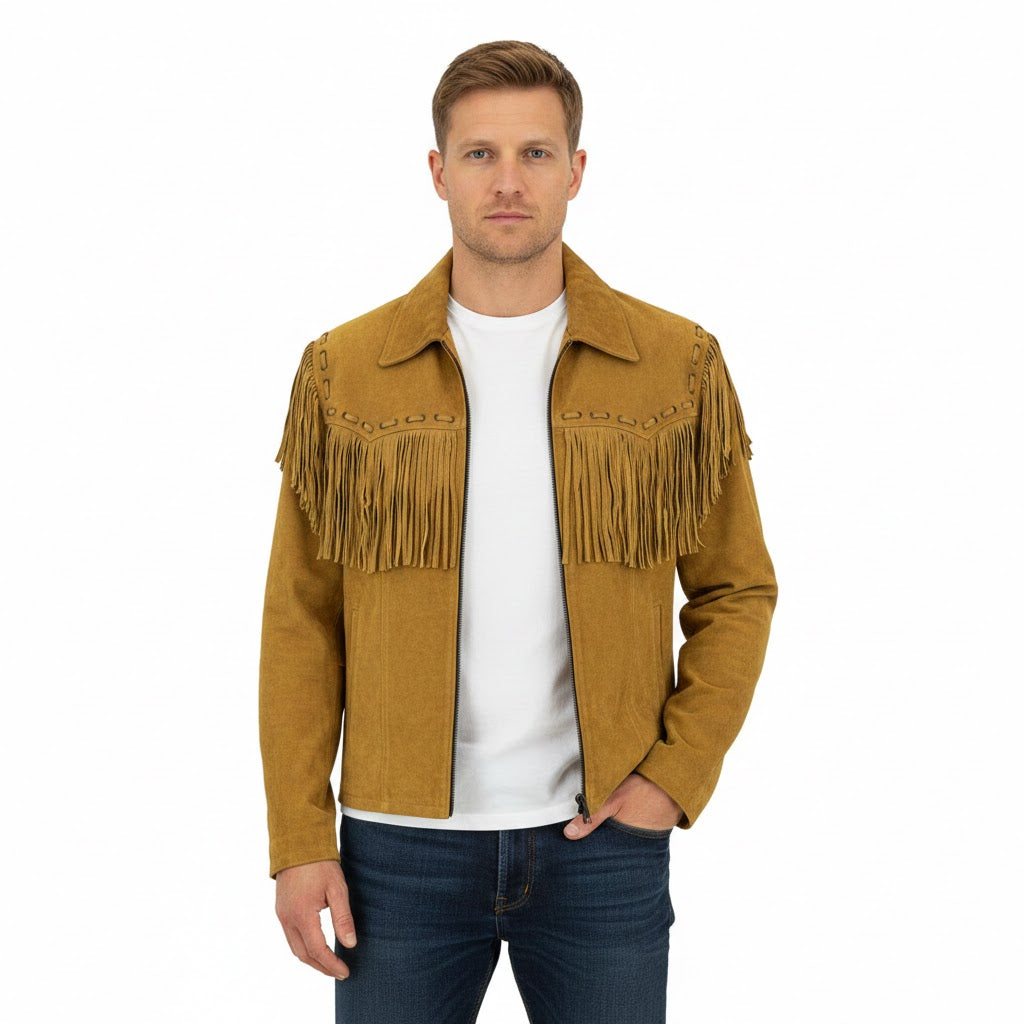 Man wearing a brown suede jacket with fringe details on a white background