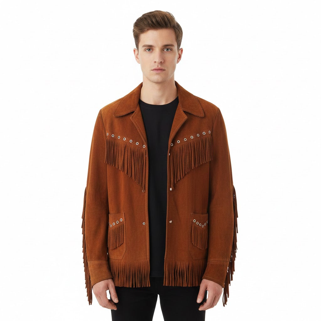 Man wearing a brown fringed jacket on a white background