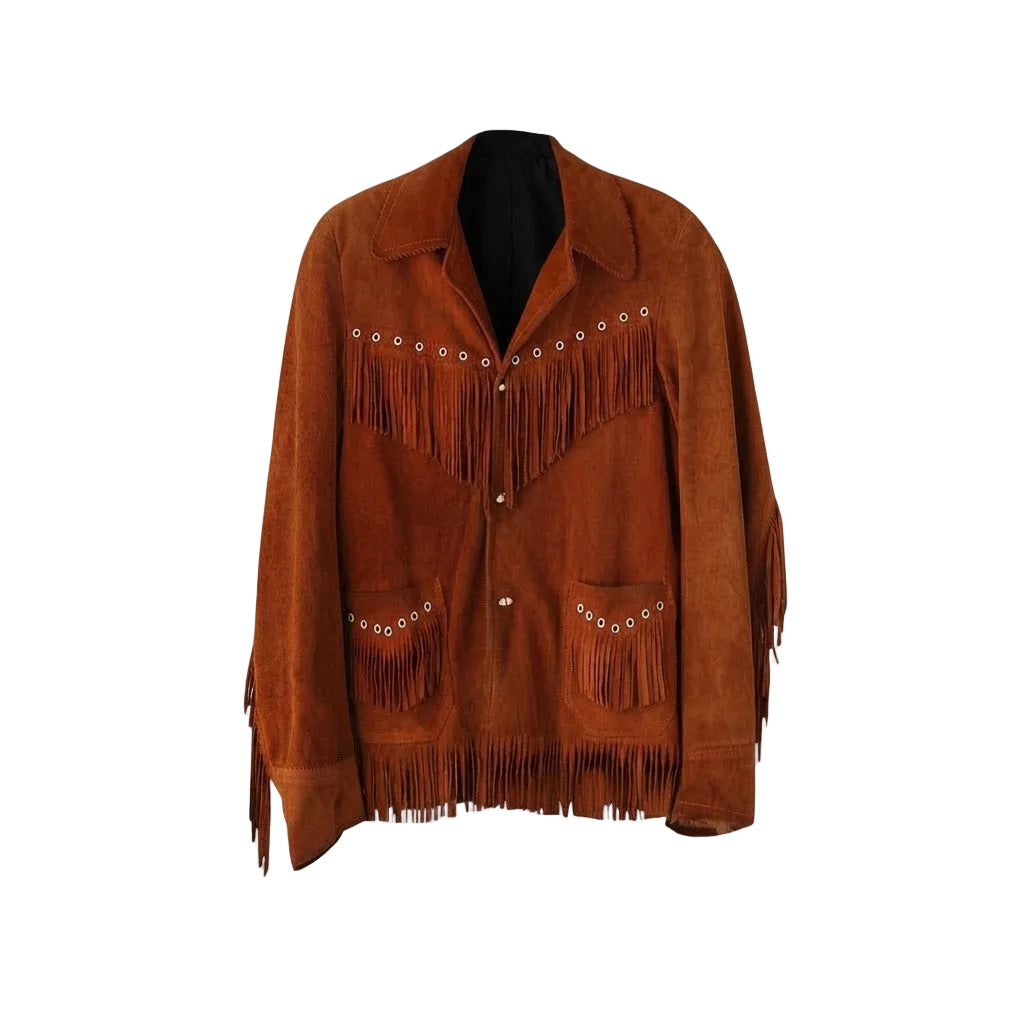 A brown suede fringe jacket with silver-tone snap button closures and decorative silver studs against a white background.