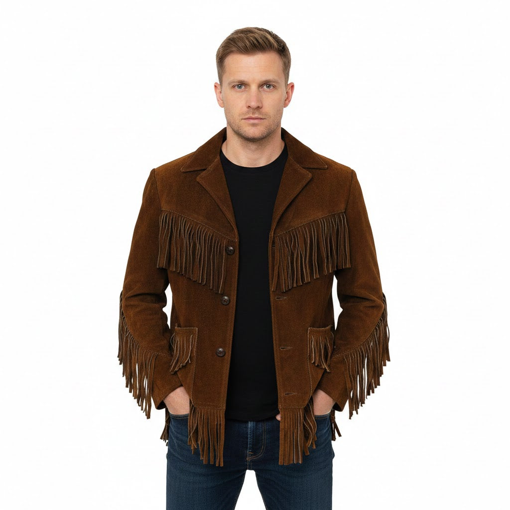 Man wearing a brown suede jacket with fringes on a white background