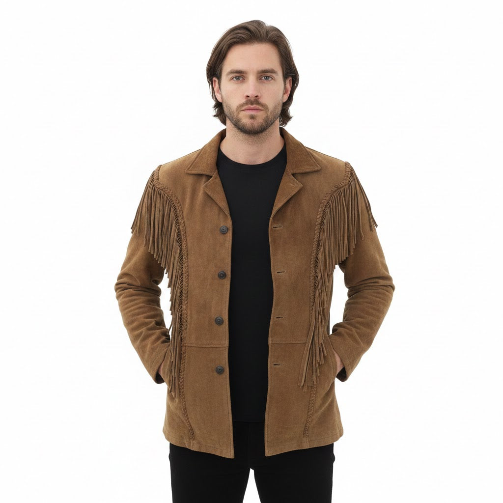 Man wearing a brown fringed jacket on a white background